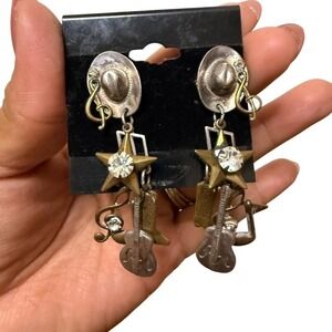 Vintage Music Note Guitar Saxophone Mismatched Dangle Earrings Gold Silver Tone